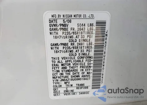 2009 Nissan Murano S z USA, uszkodzony, nr VIN JN8AZ18U09W019427